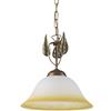 ONLI - Lampada a sospensione Mira. Tipo di attacco 1 luce E27. vetro bianco/avorio sfumato ambra. catena in metallo lavorato a mano marrone scuro spennellato oro con decorazione foglie verdi.