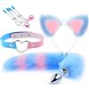 Generic Set 4 Pezzi Plug Coda Volpe Blu Acciaio Pinza Capezzoli con Campanella Collare Pelle Finta per Coppie