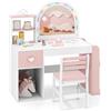 COSTWAY Toeletta Trucco per Bambina con Specchio a Luci LED, Specchiera Bambina con Sedia e 3 Giocattoli, Postazione Trucco in Legno con Cassetto e Ripiani Aperti per Ragazza 3+ Anni (Bianco+Rosa)