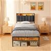 Blishom Letto Imbottito 90X200CM con Contenitore,Letto in Metallo e Legno,Letto Singolo con Testiera Imbottita e Doghe in Metallo,Grigio scuro