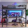 Soweiz Letto a soppalco 140 x 200 cm, telaio in ferro con presa USB + Type-C, scrivania, ringhiera, scaletta, più ripiani, con striscia LED, con bordo forato, senza materasso, nero