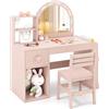 COSTWAY Toeletta Trucco per Bambina con Specchio a Luci LED, Specchiera Bambina con Sedia e 3 Giocattoli, Postazione Trucco in Legno con Ripiani Aperti e Cassetto, per Ragazza 3+ Anni (Rosa)