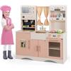 COSTWAY Set da Cucina per Bambini, Cucina Giocattolo in Legno con Microonde, Macchina del Caffè, Cucinetta Giocattolo con Tende, per Bambini 3+ Anni (Rosa)