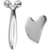 Rundago Set Massaggiatore Viso e Gua Sha, Rullo Facciale Rotante 360° e Massaggiatore Viso 3D in Acciaio Inossidabile per Rilassamento Muscolare e Antirughe