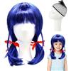 Aurihxus Parrucca corta blu per cosplay, ladybird parrucche ragazze con fiocchi rossi, parrucche con frangia, parrucca per bambini per ragazze cosplay anime costume carnevale mascherata