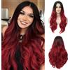 Siudus Parrucche ondulate lunghe ricci da donna rosse ondulate naturali Ombre nero a rosso parrucca centrale per Halloween Cosplay uso