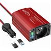 BGFOX® 300 W Car Power Inverter DC 12 V a 230 V AC Modified Sine Wave Voltage Converter with Dual USB Port and European Socket, Charge Your Laptop, Tablet, Alluminio Case - Red