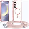 CaseLover Cover Magnetica per Samsung Galaxy A55 5G con Cordino, CaseLover [Compatibile con MagSafe] Custodia con Laccio Collana Tracolla Collo Trasparente Placcatura Silicone Antiurto Protettiva Case, Oro Rosa