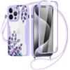 Coiwxmoi Cover Cordino per iPhone 16 Pro 6,3, Corda Collana Tracolla Laccio Custodia con Aesthetic Fiori Disegni, Morbido Silicone Bumper 360 ° Antiurto Case con Pellicola Protettiva Trasparente 03