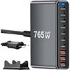Jaxiyun 765W Stazione di Ricarica USB, Caricatore USB Multiplo PD per dispositivi da 140 W 100W e 65W, Caricabatterie Multiplo con 10 porte compatibile con MacBook, iPad, iPhone 16/15/14, DELL, HP