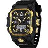 findtime Orologio da polso da uomo, stile militare, quadrato, digitale, analogico, design sportivo, impermeabile fino a 5 ATM, illuminazione, data 12/24 h, cronometro e tre fusi orari