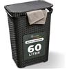 Novaliv Cesto portabiancheria in rattan con coperchio, 60 l, colore nero, per la biancheria, moderno per bagno, biancheria sporca, cesto per la biancheria, cestino per la biancheria, cestino da