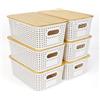 UHAPEER Scatola Portaoggetti Con Coperchio in Bambù, 6 Cesti in Plastica, Organizer da Cucina Bianco, Impilabile, 25,6 x 18 x 10,7 cm