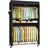 SONGMICS Armadio portatile, appendiabiti resistente, appendiabiti largo 100 cm su ruote, con ripiani in rete regolabili e aste appendiabiti, copertura in tessuto, nero inchiostro ULGR415B01
