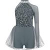 inhzoy Costume da Ballo Latino con Paillettes per Ragazze Vestito da Pattinaggio Artistico Monospalla Abito da Balletto Danza Lirica Moderna Jazz Body Ginnastica Artistica Grigio 11-12 anni