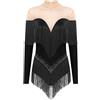 inlzdz Body da Pattinaggio Artistico Donna con Nappa Bodysuit Patchwork a Rete Strass Leotards Danza Classica Moterna Abito da Ballo Tango Latino Americano Blu L