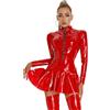inhzoy Vestito Donna Hot Curvy Wetlook Abito Corto da Festa Carnevale Maniche Lunghe Wetlook Vestito da Sera Cocktail in Pelle Verniciata Bodycon Dress Clubwear per Discoteca Rosso L