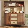 Ligterra Armadio alto, buffet, mobile da cucina, vetrina, credenza con effetto rattan e ante scorrevoli in vetro, con vano portaoggetti, portata fino a 60 kg, 140 x 40,5 x 174,5 cm (colore noce)