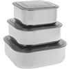 Equinox 530872 - Set di 3 contenitori per alimenti in acciaio inossidabile, contenitori ermetici, quadrati con coperchio in plastica, capacità 600 ml, 900 ml, 1500 ml