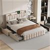 QMTXBYJ Letto matrimoniale con Contenitore 140x190 cm, letto imbottito 140x190 con 4 cassetti, LED e Porta USB, letto funzionale con testiera, struttura letto con rete a doghe,Lino,Senza Materasso
