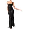 Alaurbeauty Abito da donna in pizzo Y2K, maxi abito in rete, bodycon cami, senza maniche, per sfoggiare, abito lungo aderente, Nero , S