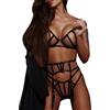 YUHOOE Set di Biancheria Intima da Donna Reggiseno a Fascia Nera Cava Hollow out Set di Giarrettiera Perizoma 3 Pezzi Tute da Orsacchiotto Sexy Intimo Pole Dance Clubwear,Nero,L