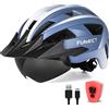 FUNWICT Casco da bici per adulti con visiera e occhiali per uomo e donna, casco da bici da strada e mountain bike, ricaricabile, con luce posteriore (M: 54-58 cm, mixblu)