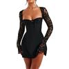 Alaurbeauty Mini abito da donna Y2K in pizzo a maniche lunghe, sexy, a taglio basso, con cravatta dietro, corto, vestiti con schiena scoperta, con volant, aderente, elegante abito da cocktail e party