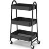Globalmix Carrello scaffale mobile a 3 livelli, con ruote, con maniglia, 2 freni, cestini in metallo, facile da montare, camera da letto, cucina, ufficio, bagno (nero)