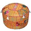 Aakriti Gallery - Copri pouf rotondo in stile etnico, rivestimento decorativo indiano in cotone ricamato per poggiapiedi, ottomano, solo fodera, arancione, 45,7 x 33,7 cm