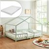 [en.casa] Letto a Casetta con Materasso 140x200 cm Menta Verde/Bianco | Barriera di Protezione, Letto Francese per Bambini, Struttura in Legno di Pino, Schiuma Fredda, Stile Montessori, Cameretta