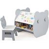 COSTWAY Set Tavolo e Sedia per Bambini 3+ Anni, Tavolo Multifunzionale con Lavagna Bifacciale, Ripiano e 4 Ganci Laterali, Sedia Comoda con Cassetto Rimovibile per Cameretta e Asilo (Grigio)