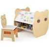 COSTWAY Set Tavolo e Sedia per Bambini 3+ Anni, Tavolo Multifunzionale con Lavagna Bifacciale, Ripiano e 4 Ganci Laterali, Sedia Comoda con Cassetto Rimovibile per Cameretta e Asilo (Naturale)
