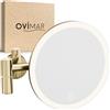 ovimar Specchio cosmetico Blavand Gold | con illuminazione | Ricaricabile | Montaggio a parete per forare | in bagno | Specchio ingranditore 5x | Specchio da trucco con luce | Specchio a 360 gradi