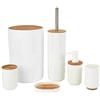BAKAJI Set da Bagno in Legno Bamboo e Plastica 6pz con Portascopino Portasapone Pattumiera Colore Bianco e Bambù Naturale