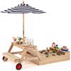 HOMASIS Sabbiaia in Legno Trasformabile, Tavolo da Picnic per Bambini 3-5 Anni con Ombrellone Regolabile, panche, Piano Rimovibile e Ruote, per Giardino, Patio e Terrazza, 103 x 87 x 52 cm