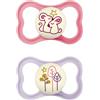 MAM Air Night Succhietto 6-16 Mesi (Set da 2), Ciuccio MAM 6-16 mesi che si illumina al buio per pelli sensibili, Kit da 2 accessori neonato con tettarella in silicone e porta ciuccio, Rosa/Lilla