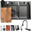 DSMRLEOP Lavello da cucina rettangolare in acciaio inossidabile, nero, cascata, 85x50 cm, 1 vasca, sifone, troppopieno, piletta, multifunzione, moderno, kit di accessori (nero)