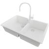 PRIMAGRAN Lavandino da Cucina Tutto Bianco 78x50cm, Lavello in Granito a 2 vasche + Rubinetto 38x14cm + Set di accessori, Lavabo da Cucina Incasso al Mobile 80cm - Madrid Twin S024