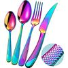 Xideman® set di posate 24 pezzi moderne colorate martellato con coltello seghettato 2 in 1 ultra affilato, servizio posate acciaio inox 18/10, set forchette cucchiai coltelli Arcobaleno 6 persone