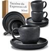 Cosumy Set di 4 Tazzine da Caffè Espresso con Piattini Nere - Tazze 90 ml in Ceramica - Mantiene il Calore Più a Lungo - Tazzine Eleganti con Smaltatura Artigianale - Set Tazzine Caffe