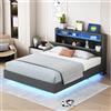 Kelodan Letto imbottito, 140 x 200 cm, presa USB, luce LED, testiera reversibile, poggiapiedi nascosto, letto per ragazzi, letto per adulti, tessuto di lino, grigio