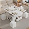 Soweiz Tavolino da salotto regolabile in altezza, tavolino da divano portatile, 4 in 1, convertibile in tavolo da pranzo, tavolino con cassetti, con 4 sgabelli, bianco, 100 x 50 x 45 cm