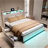 BSCFHCZ Letto Matrimoniale 160x200 con 4 Cassetti, Struttura Letto Imbottito in Lino con Testiera Contenitore, Illuminazione d'Atmosfera e Porte di Ricarica Integrate, Rete a Doghe, Beige, Nessun materasso
