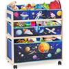 EULEUY Scaffale Portagiochi Bambini, Contenitore Giochi con 6 Scatole, Organizer per Giocattoli a 3 Livelli, Scatola Porta Giocattoli per Cameretta Bambini, Scuola, Asilo, Motivo Pianeta (Blu)