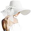 Lanzom - Cappello da donna in paglia grande da 14 cm, con grande fiocco, pieghevole, arrotolabile, adatto per spiaggia e sole, protezione UPF 50+, bianco, Talla Única