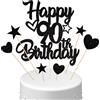 Conruich Decorazione per Torta di Compleanno 90 anni Uomo Donna, Cake Topper Happy 90th Birthday Nero, Torta Torta Stella Cuore Nero per Decorazione Festa 90 anni Compleanno Donna Uomo