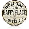 XETHI Targa di Benvenuto Rotonda in Alluminio 20cm, Decorazione da Parete Vintage Divertente 'Welcome to My Happy Place', Stile Gotico per Casa Giardino Patio Bar