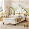 OLIVIBED Letto imbottito per bambini 90x200 cm, letto singolo con rete a doghe e testata regolabile a forma di fiore, letto in legno per ragazze, in velluto, senza materasso, colore beige