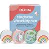 MIJOMA - Set di 4 asciugamani magici per bambini, 100% cotone, si dispiegano in acqua calda (unicorno e dinosauro)